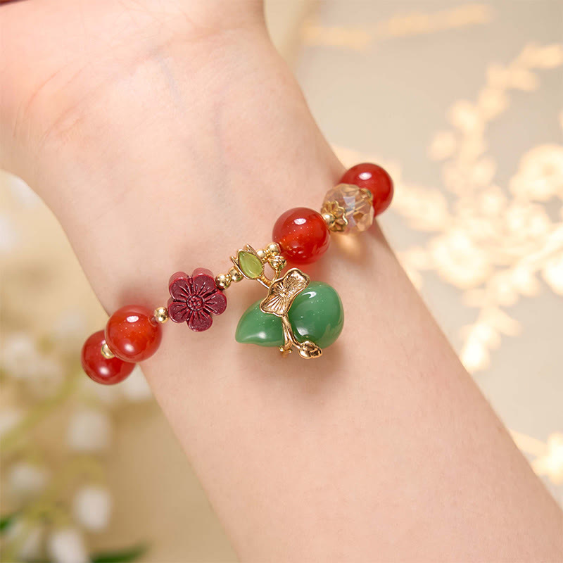 Wear FengShui Natural Red Agate Green Agate Gourd Cinnabar Flower Beads Confidence Bracelet
