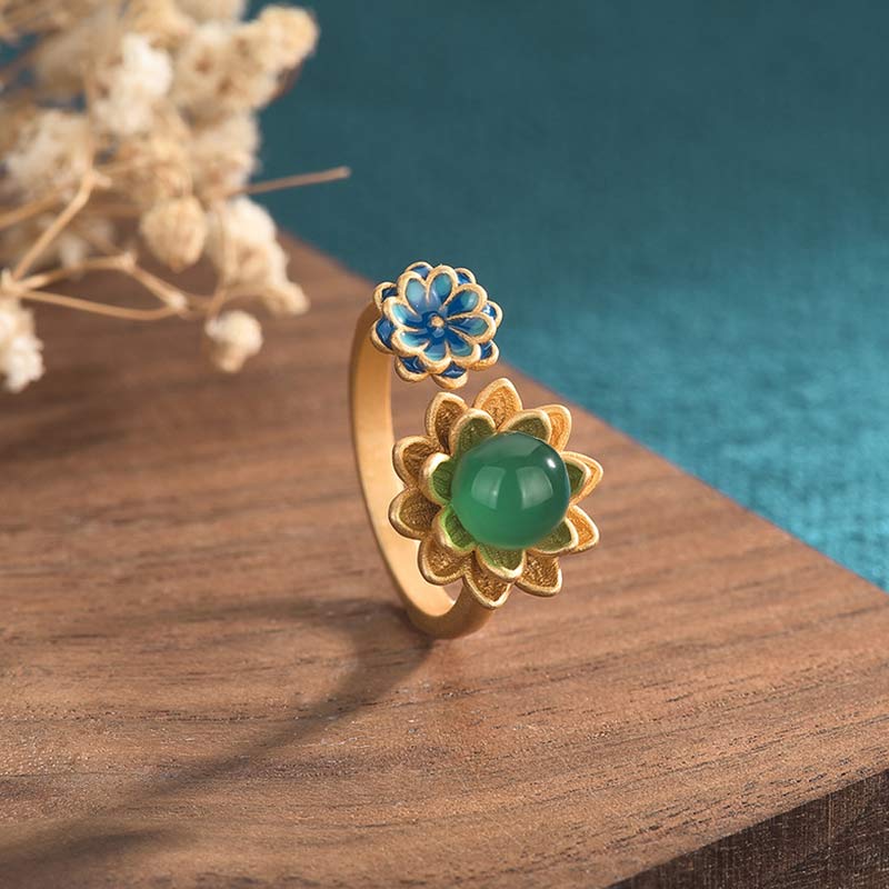 Wear FengShui Lotus Pattern Jade Abundance Adjustable Ring