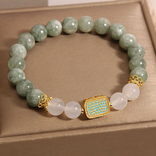 Wear FengShui Natural Green Jade White Agate Five Scriptures Abundance Bracelet