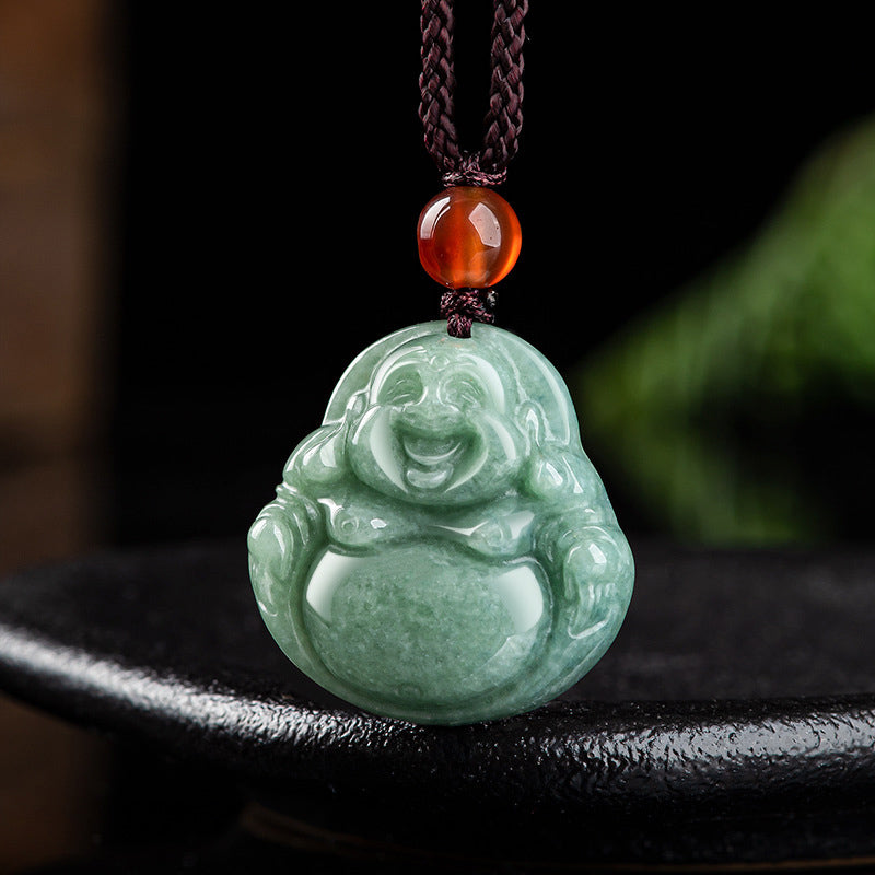 Wear FengShui Laughing Buddha Cyan Jade Success Necklace String Pendant
