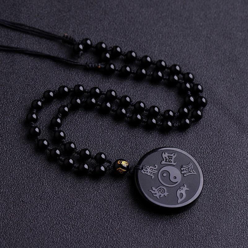 Wear FengShui Natural Black Obsidian Taoism Five Sacred Mountains Nine-Character Mantra Carved Strength Yin Yang Necklace Pendant Key Chain