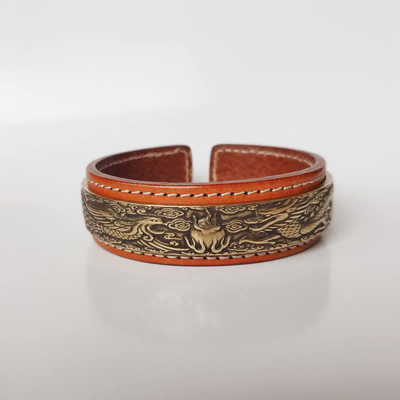 Wear FengShui 2Pcs Om Mani Padme Hum Dragon Phoenix Copper Leather Peace Cuff Bracelet Bangle
