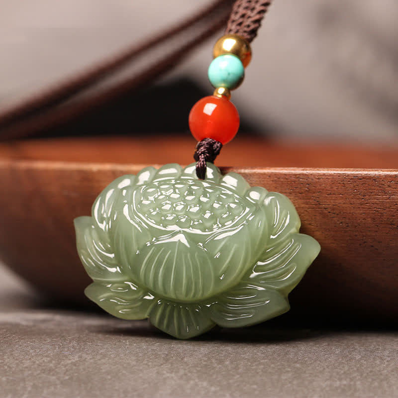 Wear FengShui Hetian Cyan Jade Lotus Flower Success Necklace Pendant