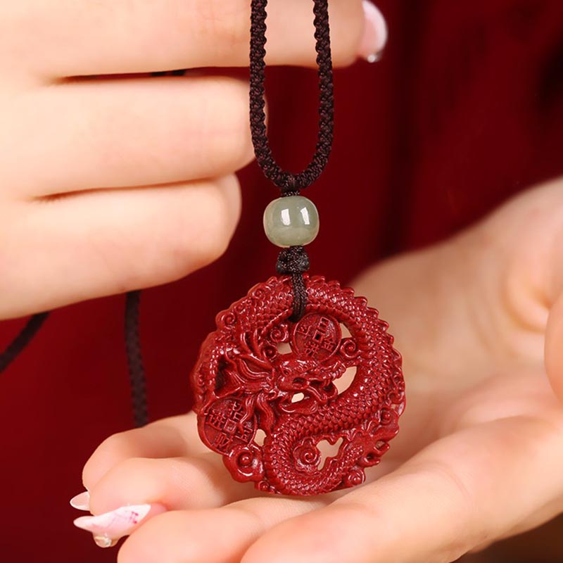 Wear FengShui Year Of The Dragon Natural Cinnabar Hetian Jade Bead Copper Coin Attract Wealth Strength Necklace Pendant