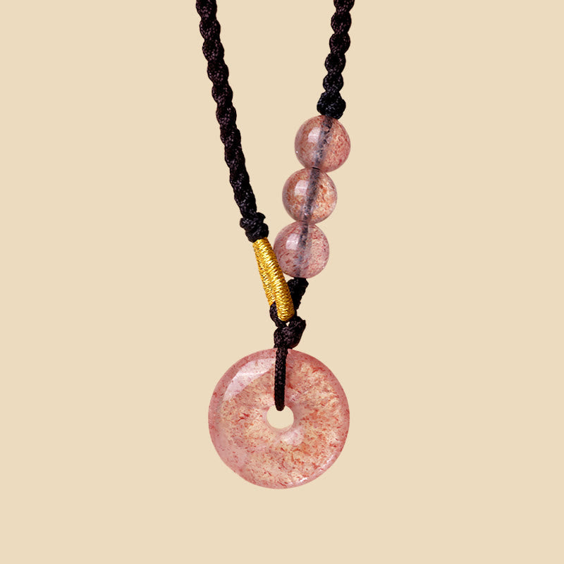 Wear FengShui Strawberry Quartz Chalcedony Peace Buckle Healing Necklace Pendant