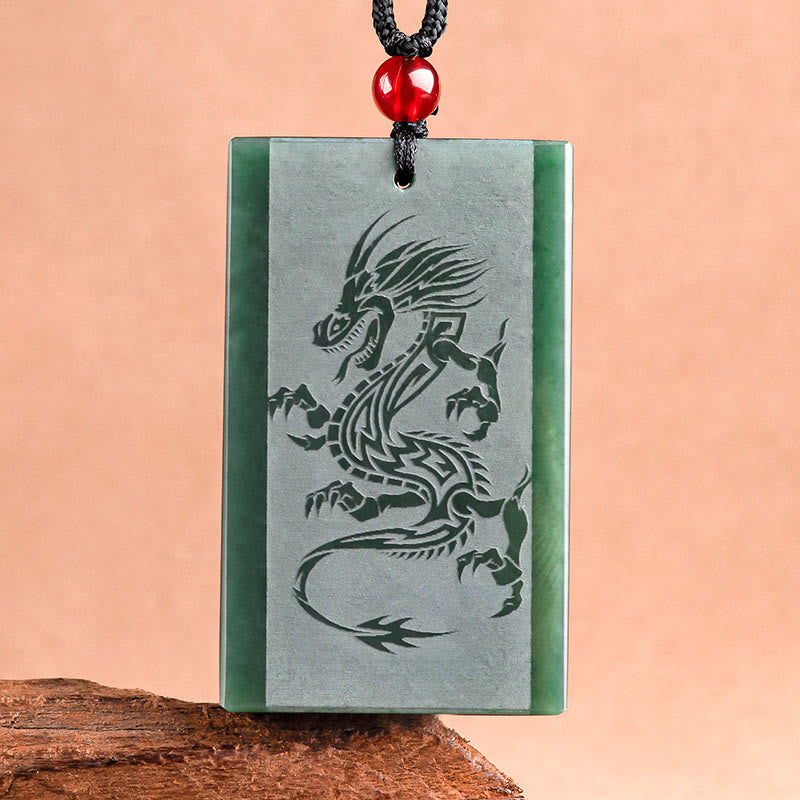 Wear FengShui Hetian Cyan Jade Dragon Engraved Success Necklace Pendant