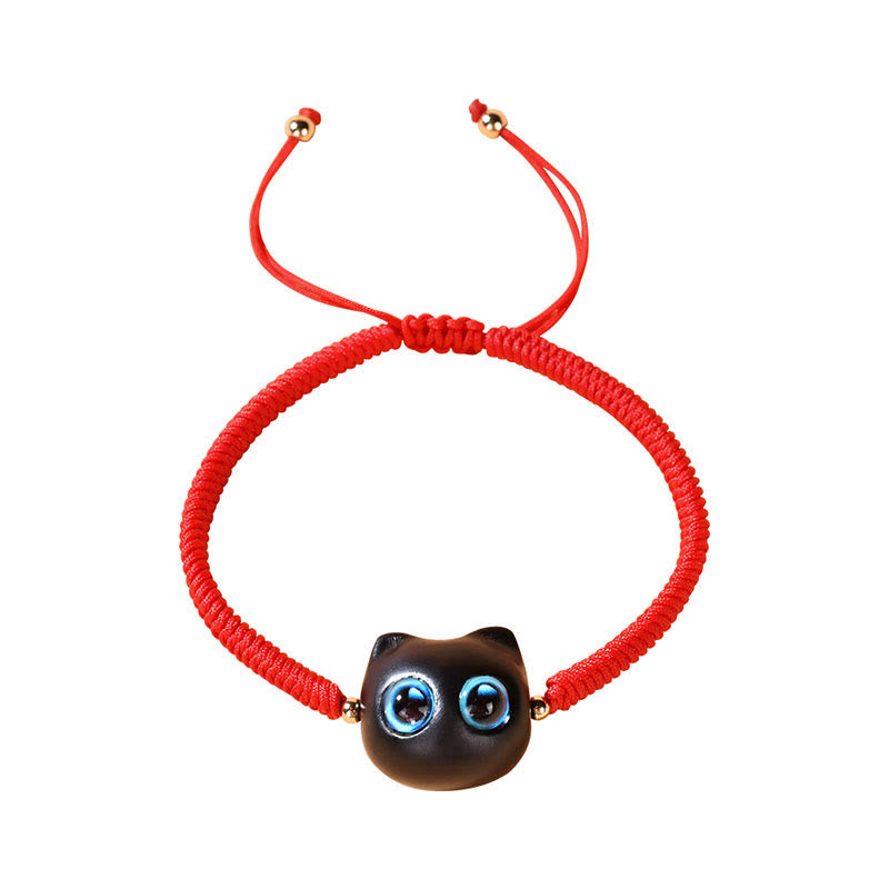Wear FengShui Ebony Wood Cat Head Pattern Peace King Kong Knot Braided Bracelet