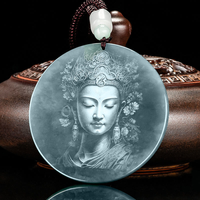 Wear FengShui Kwan Yin Avalokitesvara Jade Abundance String Necklace Pendant