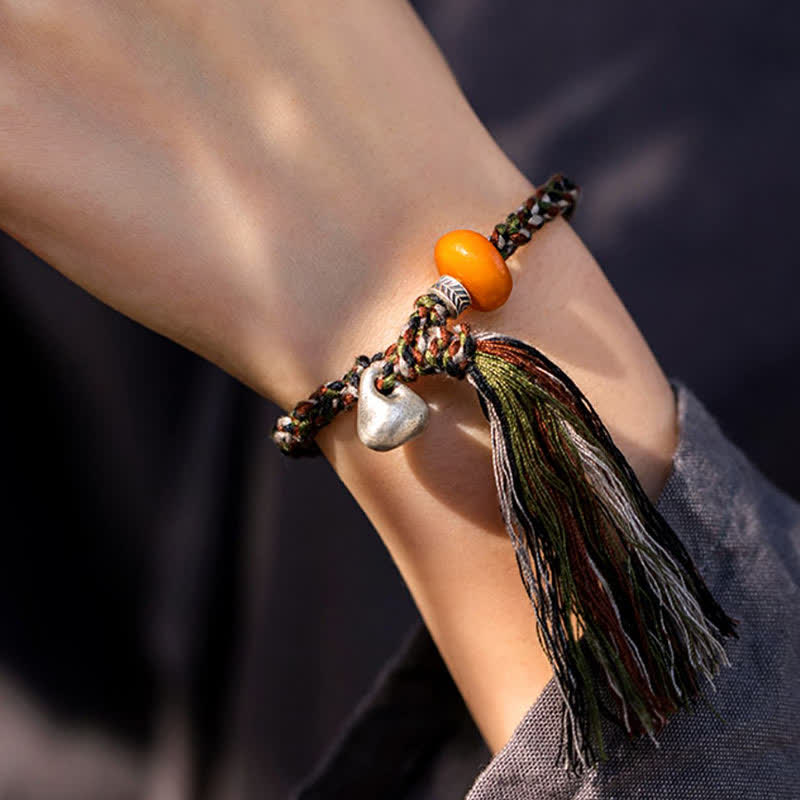 Wear FengShui 990 Sterling Silver Tibetan Handmade Amber Steelyard Weight Wish Protection Bracelet