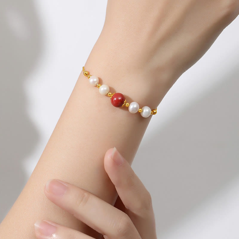 Wear FengShui 925 Sterling Silver Pearl Cinnabar Healing Bead Chain Bracelet