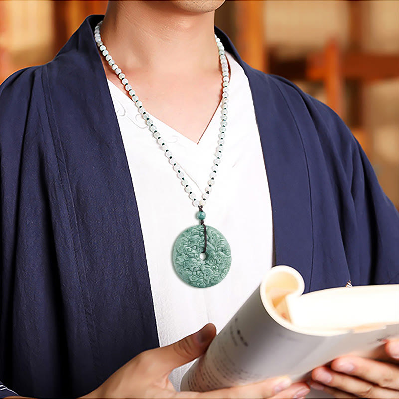 Wear FengShui Year of the Dragon Natural Jade Nine Dragons Peace Buckle Protection Necklace Pendant
