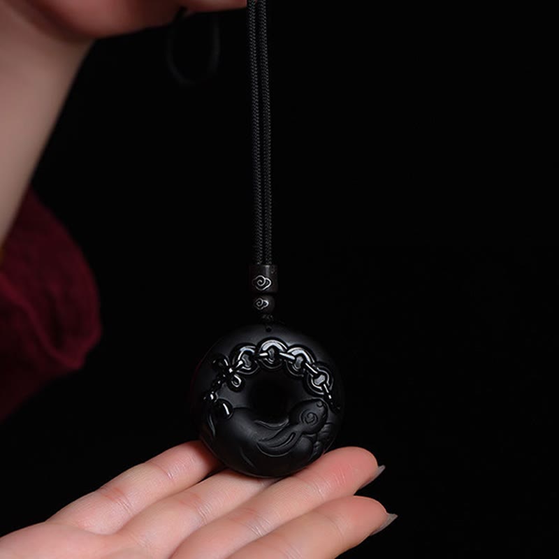 Wear FengShui Chinese Zodiac Natural Black Obsidian Peace Buckle Strength Necklace Pendant