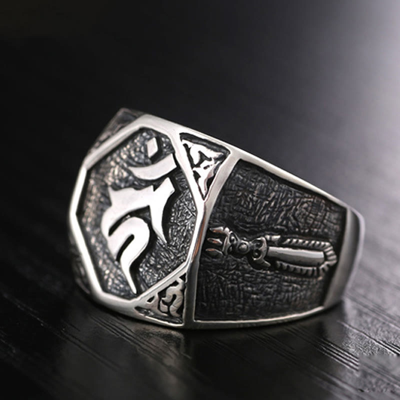 Wear FengShui 925 Sterling Silver Sanskrit Design Carved Protection Adjustable Ring