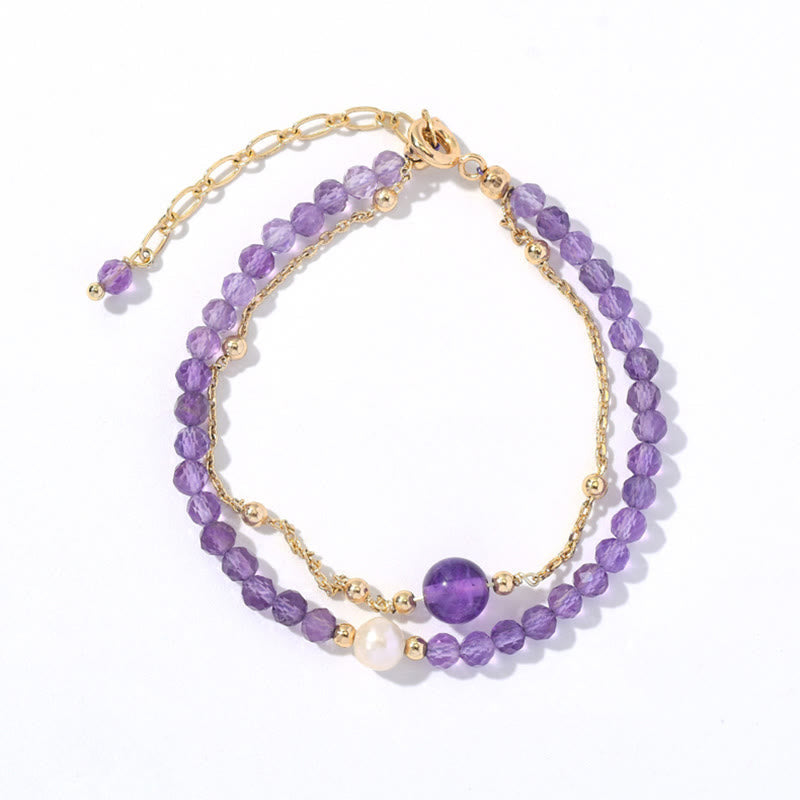 Wear FengShui 14K Gold Plated Amethyst Crystal Healing Double Layer Chain Bracelet