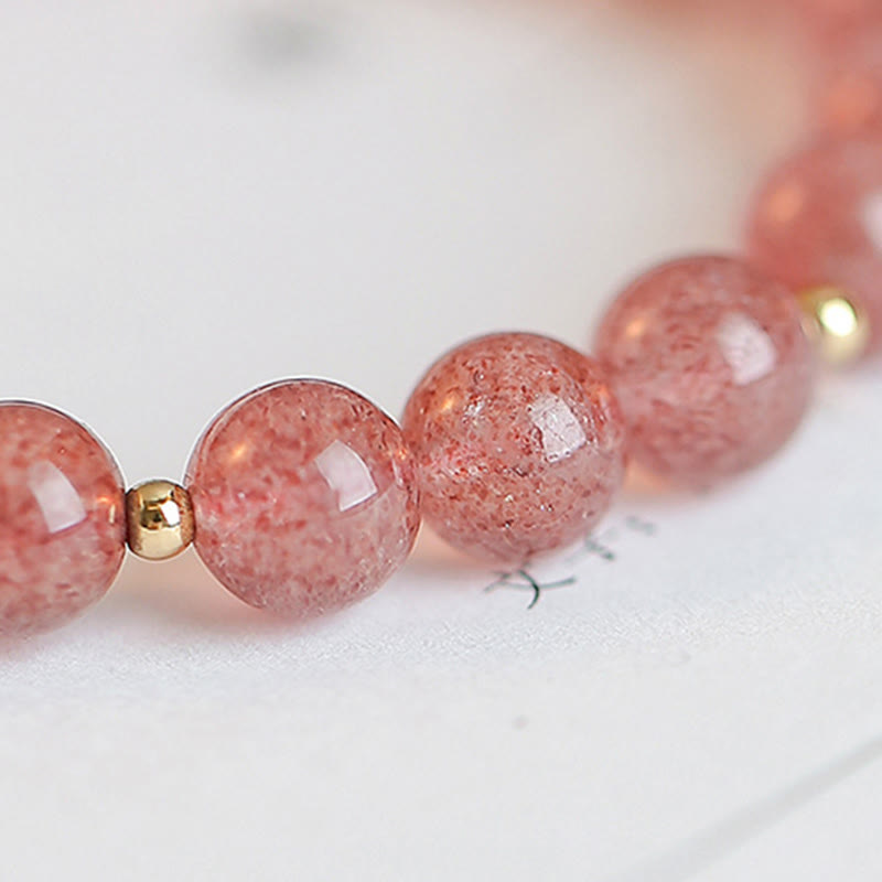 Wear FengShui 14K Gold Plated Strawberry Quartz Fu Character Healing Charm Bracelet