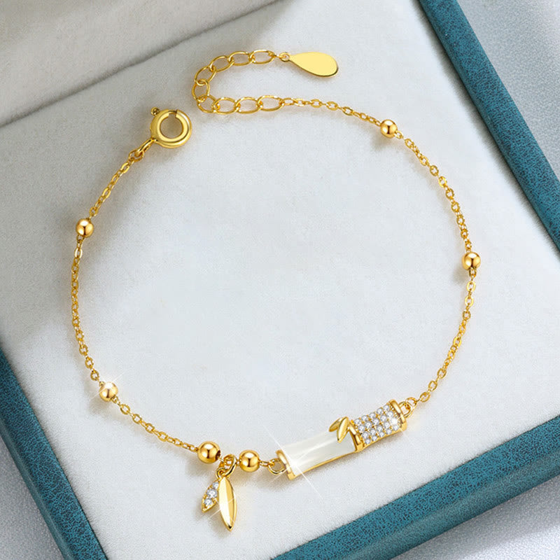 Wear FengShui 925 Sterling Silver 18K Gold Plated White Jade Bamboo Zircon Leaf Luck Bracelet