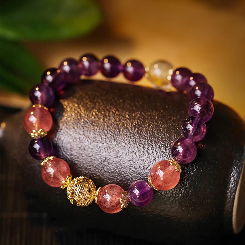 Wear FengShui Natural Citrine Amethyst Rutilated Quartz Prosperity Protection Bracelet