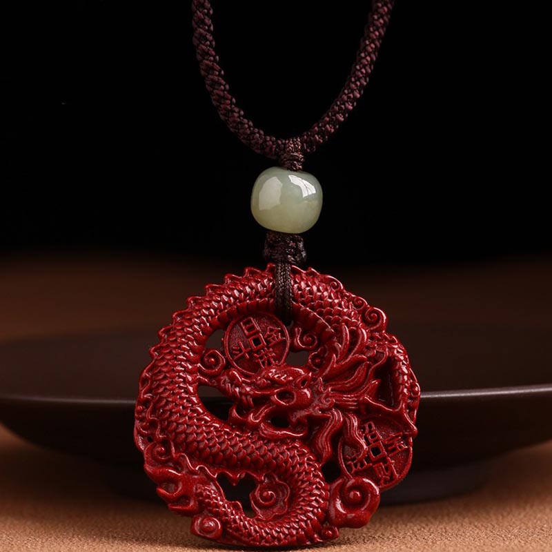 Wear FengShui Year Of The Dragon Natural Cinnabar Hetian Jade Bead Copper Coin Attract Wealth Strength Necklace Pendant
