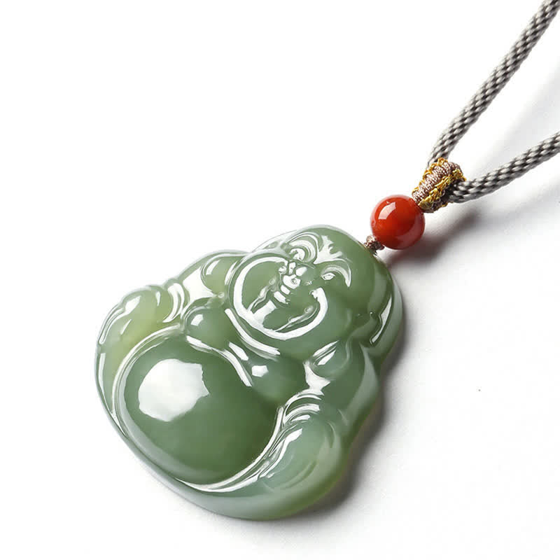 Wear FengShui Laughing Buddha Hetian Jade Abundance Necklace String Pendant