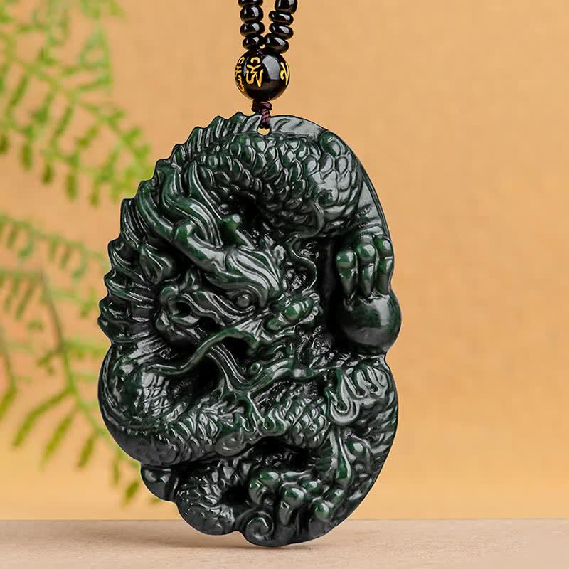 Wear FengShui Hetian Cyan Jade Dragon Success Harmony Necklace Beaded String Pendant