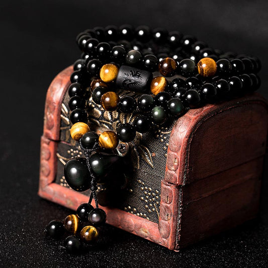 Wear FengShui Natural Black Obsidian Rainbow Obsidian Gourd Blessing Bracelet Mala