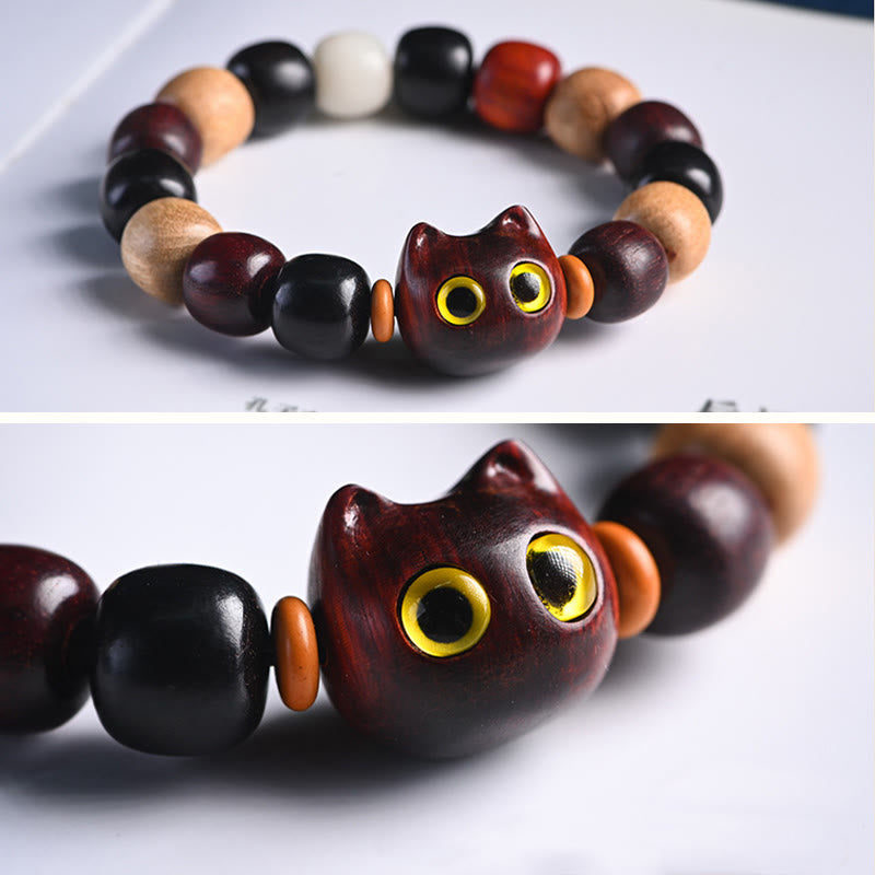 Wear FengShui Small Leaf Red Sandalwood Ebony Wood Cute Cat Engraved Protection Bracelet