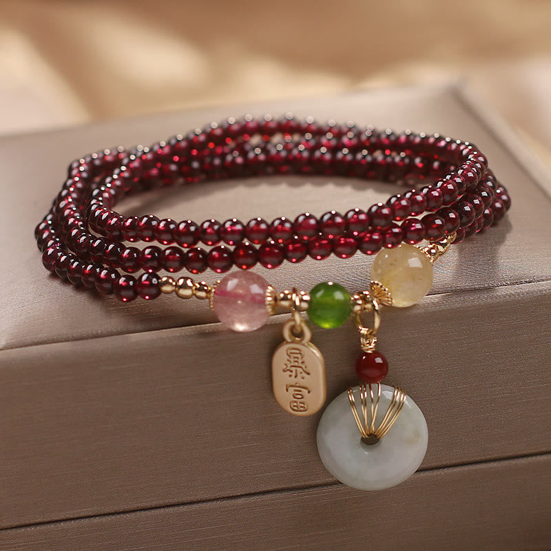 Wear FengShui Natural Garnet Strawberry Quartz Crystal Fox Koi Fish Peace Buckle Fortune Protection Triple Wrap Bracelet