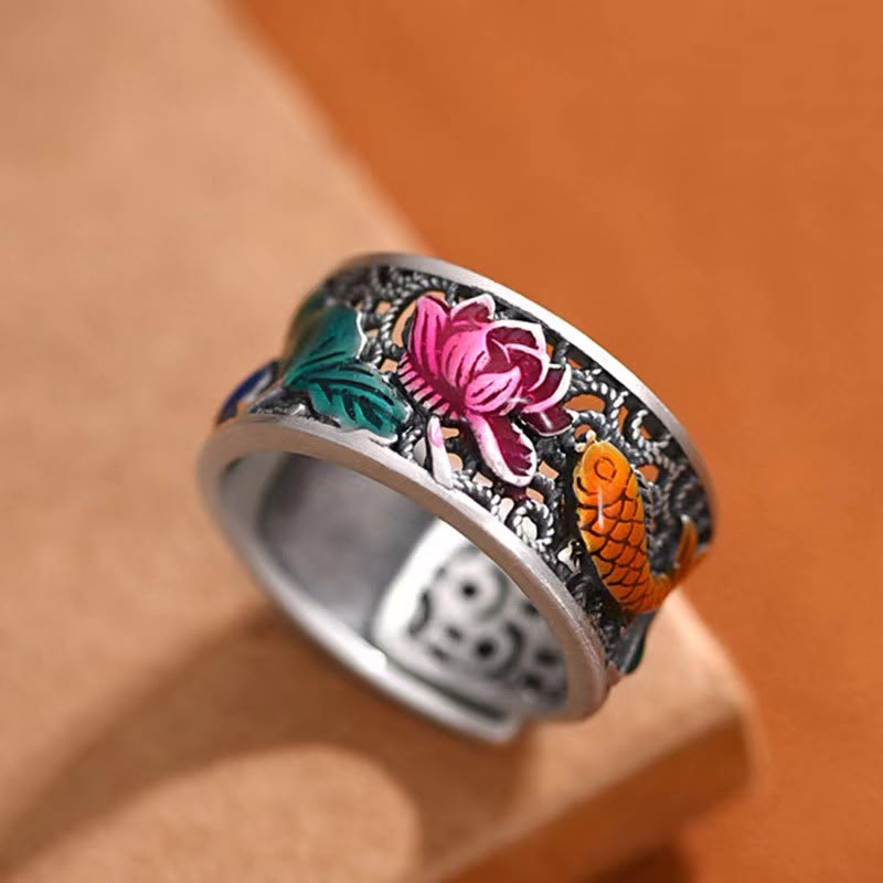 Wear FengShui Copper Blue Enamel Lotus Heart Sutra Koi Fish Luck Ring