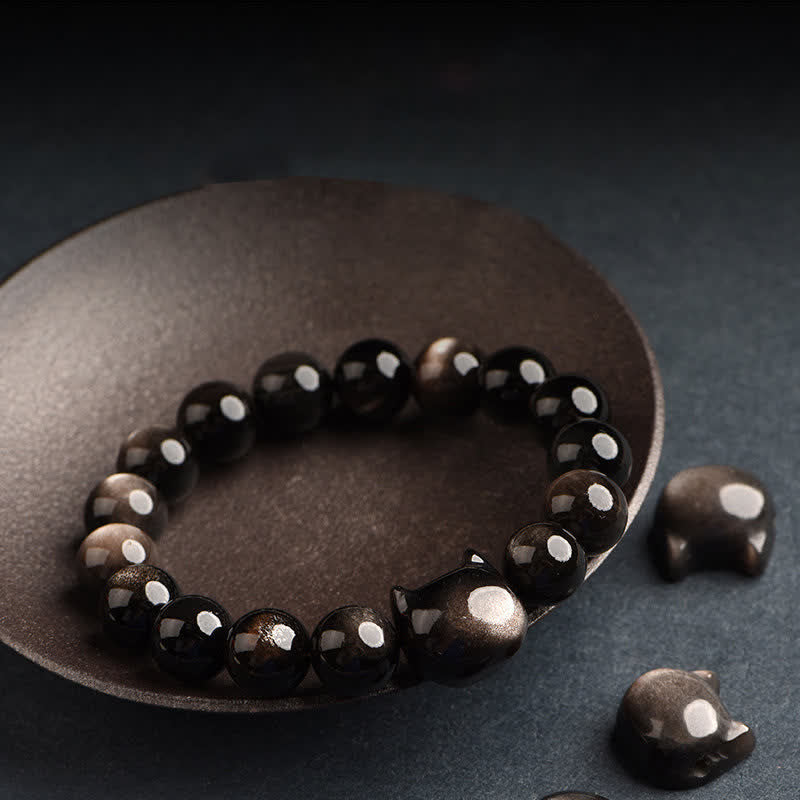 Wear FengShui Gold Sheen Obsidian Silver Sheen Obsidian Lovely Paw Lucky Cat Protection Bracelet
