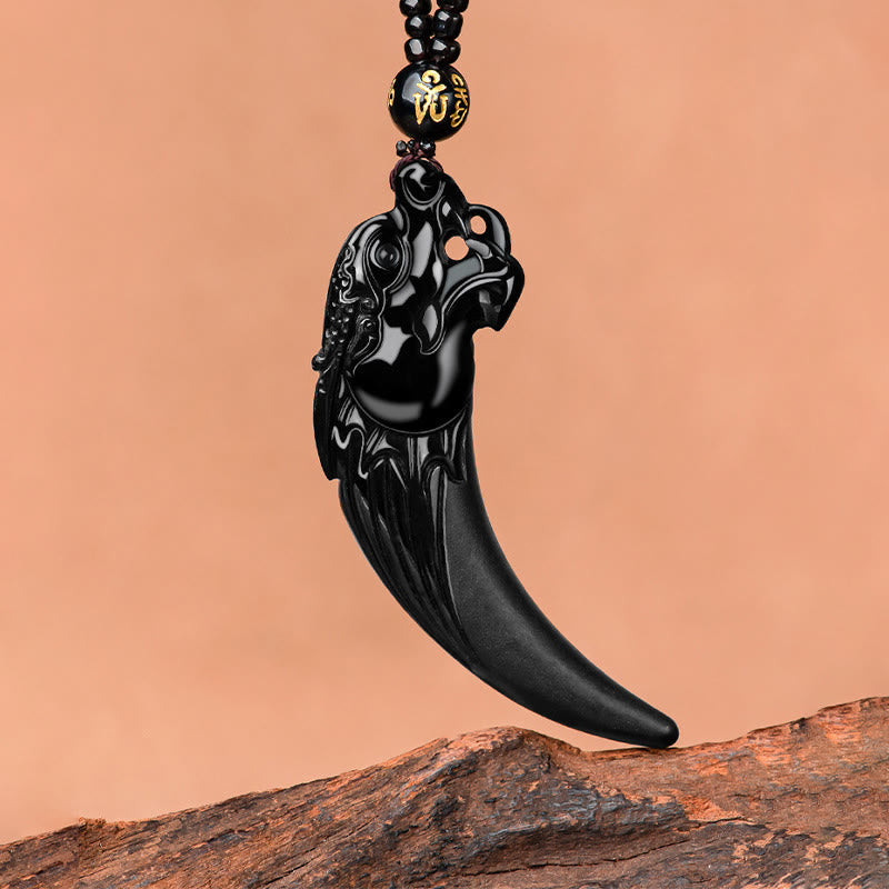 Wear FengShui Natural Black Jade Chinese Zodiac Dragon Tooth Pattern Protection Necklace Pendant