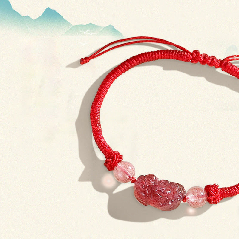 Wear FengShui Handmade Natural Silver Sheen Obsidian Strawberry Quartz PiXiu Protection Braided Bracelet