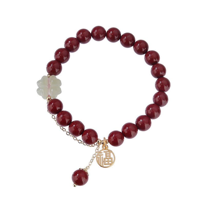 Wear FengShui Cinnabar Fu Character Hetian Jade Lucky Four Leaf Clover Blessing Bracelet