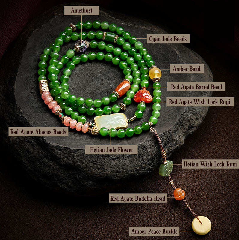 Wear FengShui 108 Mala Beads Cyan Jade Red Agate Laughing Buddha Luck Bracelet