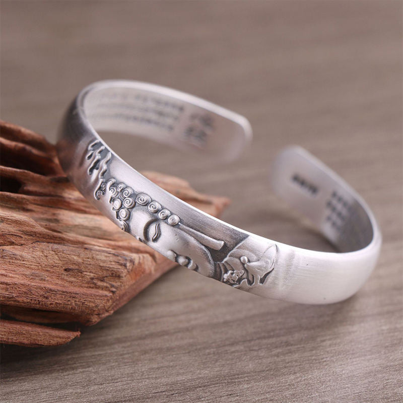 Wear FengShui 999 Sterling Silver Buddha Head Heart Sutra Serenity Bracelet Bangle