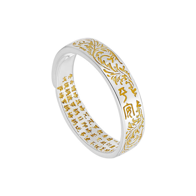 Wear FengShui Peace and Joy Tang Dynasty Flower Design Lotus Heart Sutra Carved Copper Luck Adjustable Ring