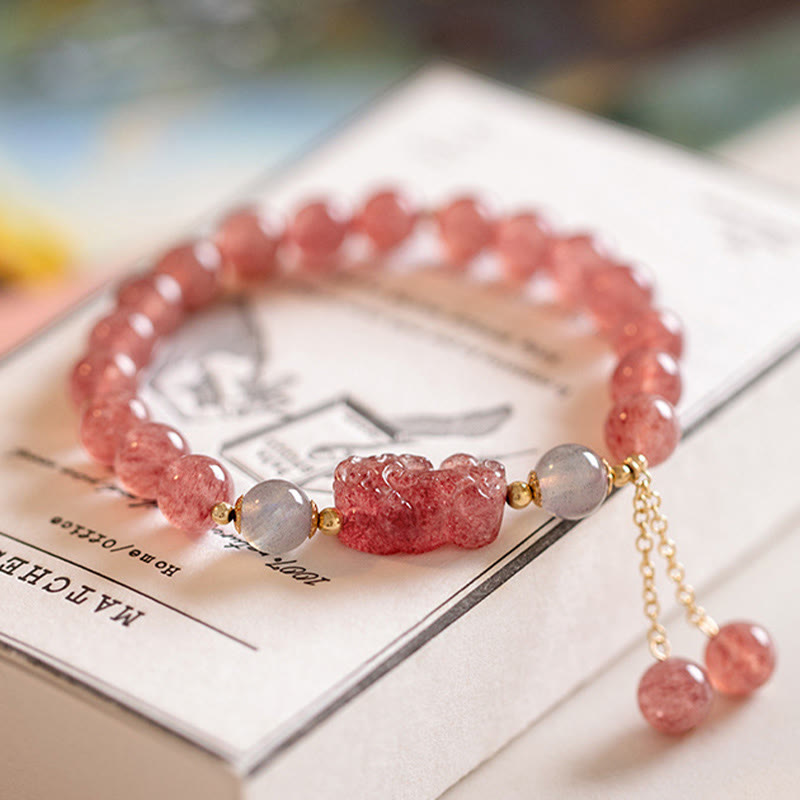 Wear FengShui Natural Strawberry Quartz Moonstone PiXiu Love Healing Bracelet