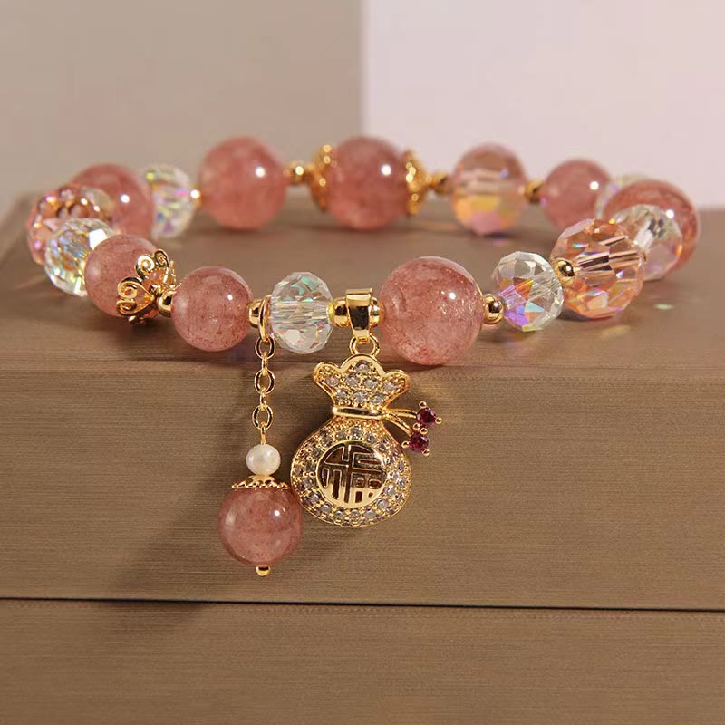 Wear FengShui Natural Strawberry Quartz Crystal Money Bag Charm Positive Bracelet