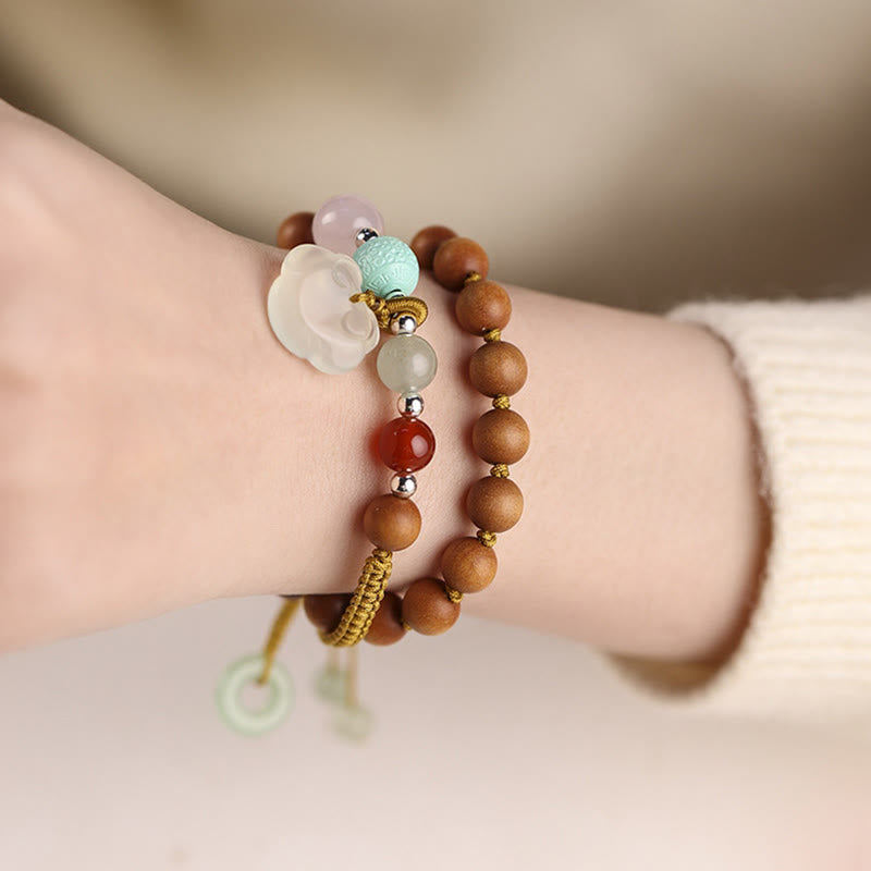 Wear FengShui Green Sandalwood Chalcedony Peace Buckle Charm Soothing Double Wrap Bracelet