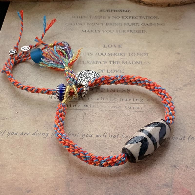 Wear FengShui Tibetan 925 Sterling Silver Om Mani Padme Hum Handmade Dzi Bead Protection Braid Bracelet