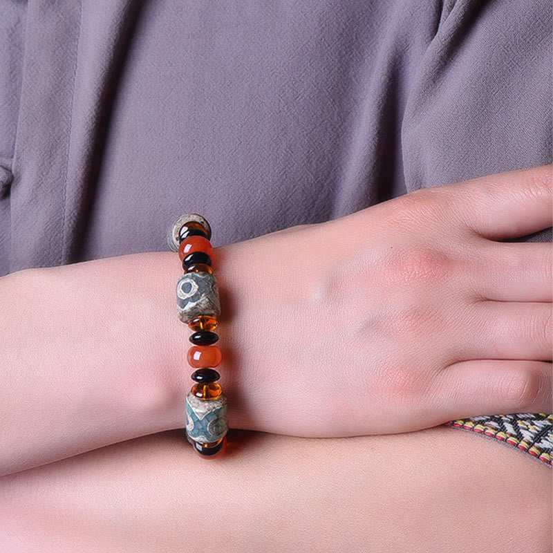 Wear FengShui Tibetan Three-eyed Dzi Bead Agate Protection Happiness Bracelet