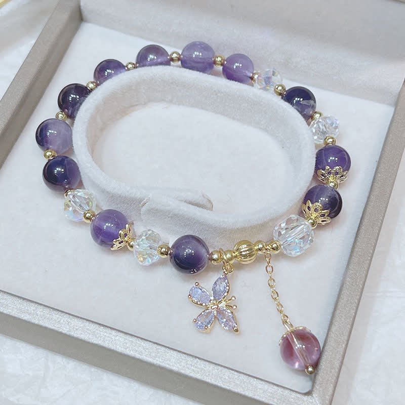 Wear FengShui Natural Amethyst Crystal Spiritual Butterfly Charm Bracelet