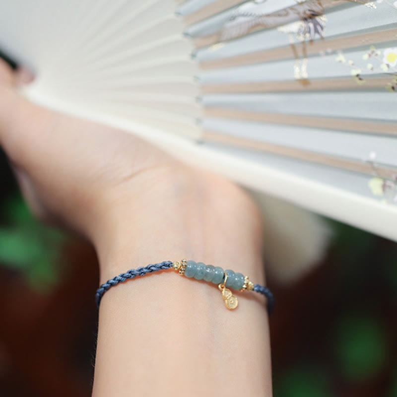 Wear FengShui 925 Sterling Silver Natural Jade Gourd Rutilated Quartz Fu Character Luck Braid Bracelet