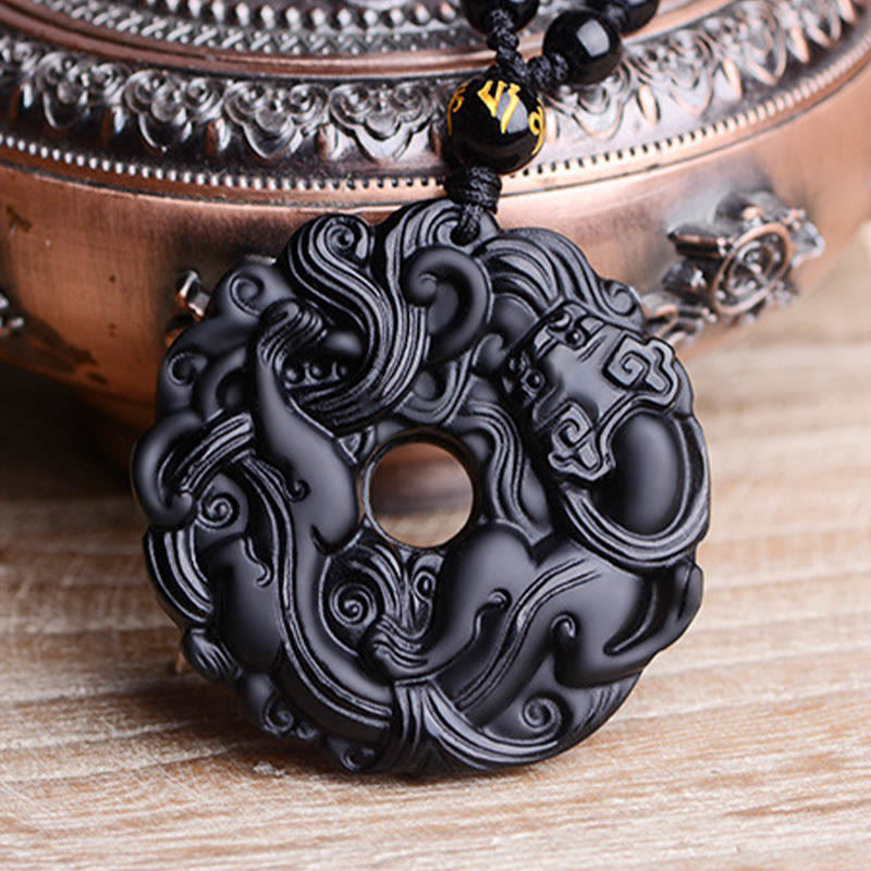 Wear FengShui Natural Black Obsidian Peace Buckle Pixiu Purification Necklace Pendant