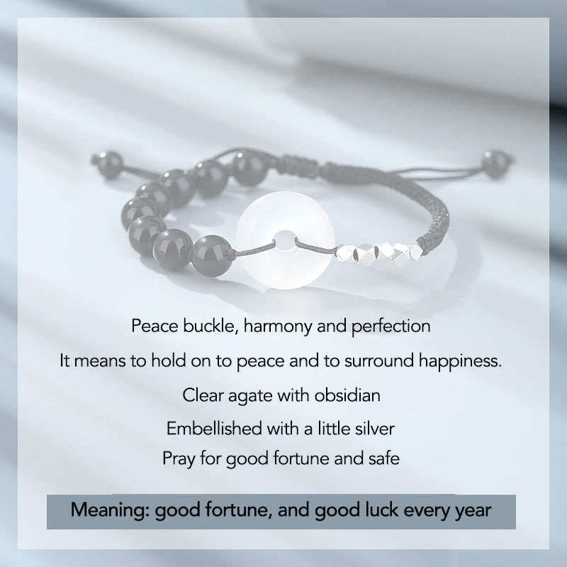 Wear FengShui 925 Sterling Silver Black Obsidian Agate Peace Buckle Strength Bracelet
