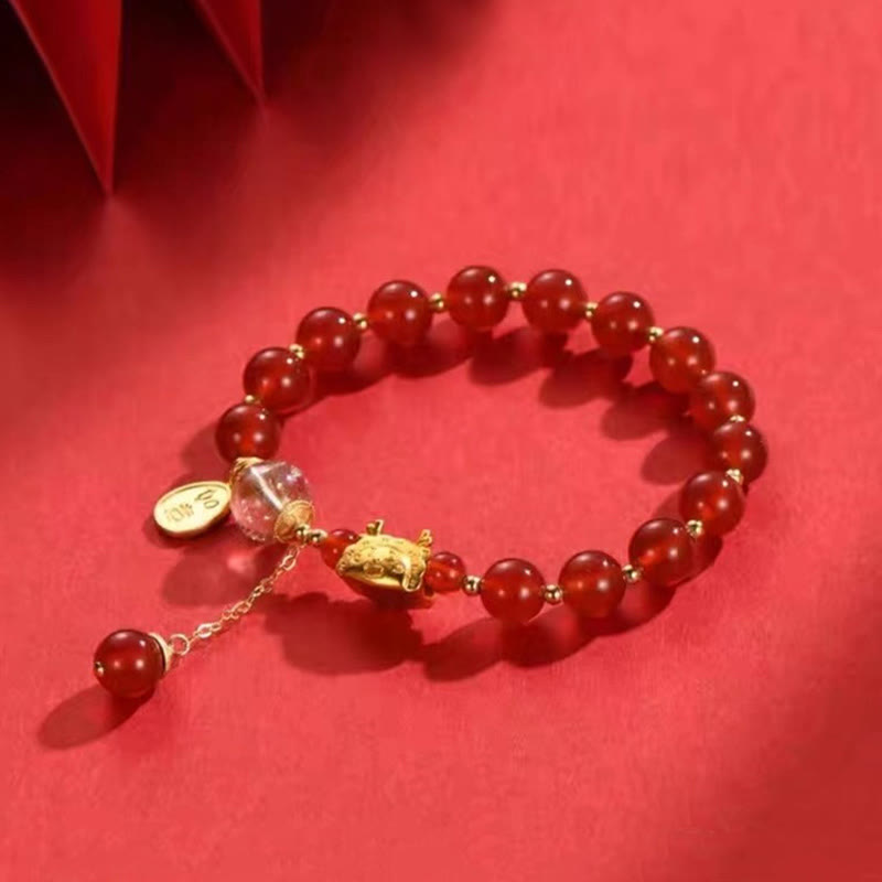 Wear FengShui Year of the Dragon Dumpling Natural Red Agate Garnet Hetian Jade Fu Character Luck Success Bracelet