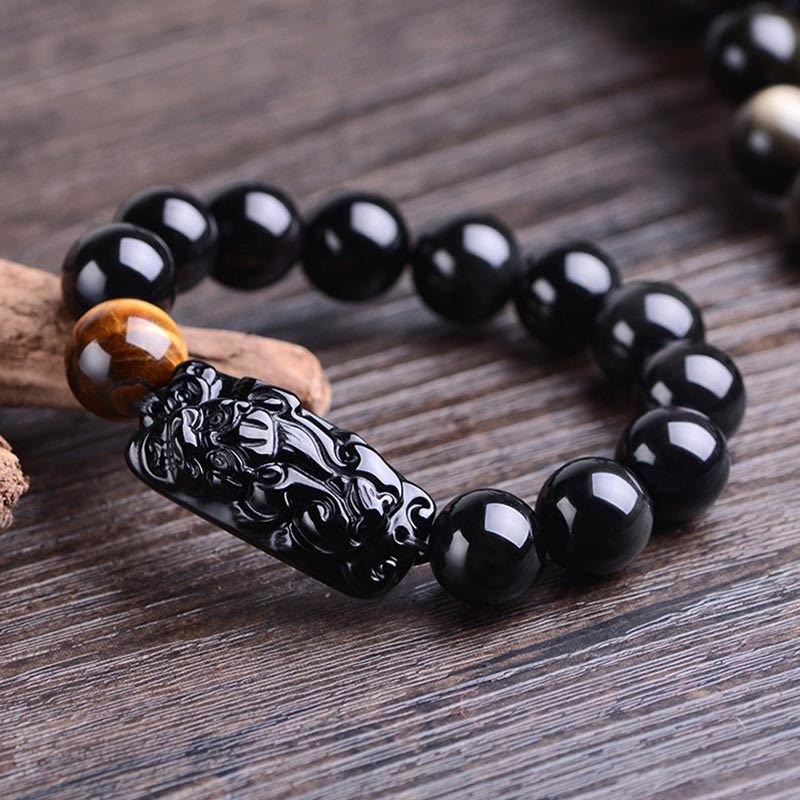 Wear FengShui Natural Black Obsidian PiXiu Tiger's Eye Strength Bracelet