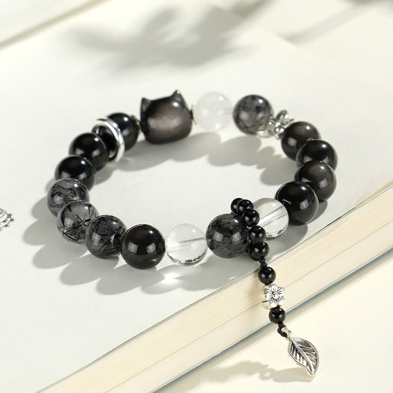 Wear FengShui Natural Silver Sheen Obsidian Cat Head Fox Planet Protection Bracelet