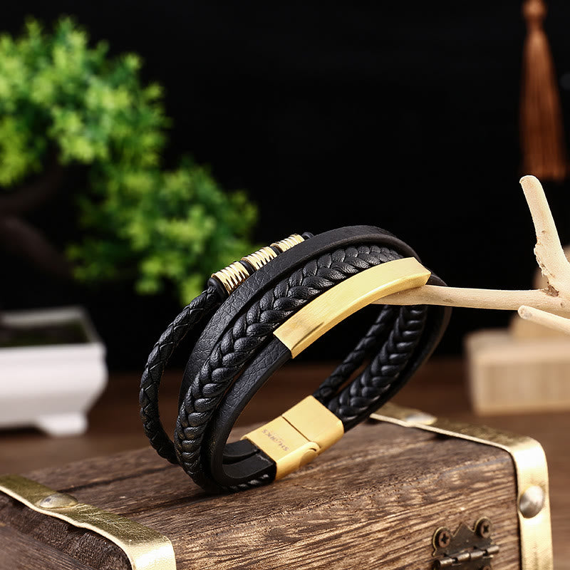 Wear FengShui Leather Multi-Layer Titanium Steel Balance Braided Magnetic Buckle Bracelet