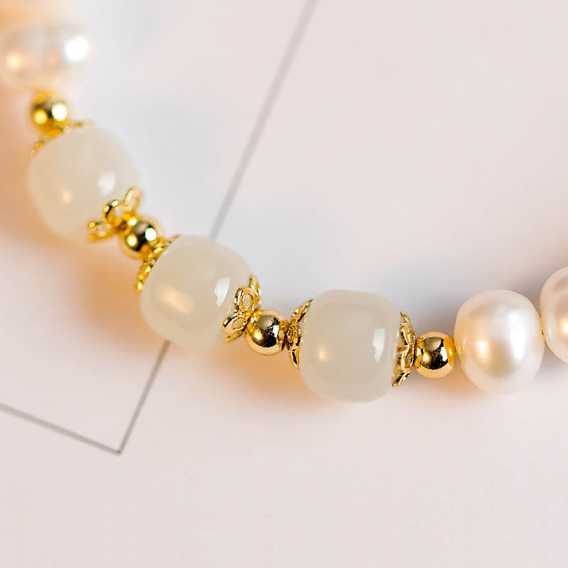 Wear FengShui 14K Gold Plated Natural Pearl Hetian Cyan Jade White Jade Sincerity Bead Chain Bracelet
