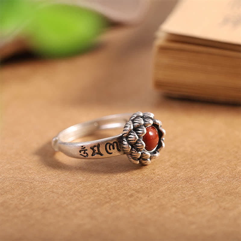 Wear FengShui925 Sterling Silver Lotus Red Agate Confidence Blessing Ring